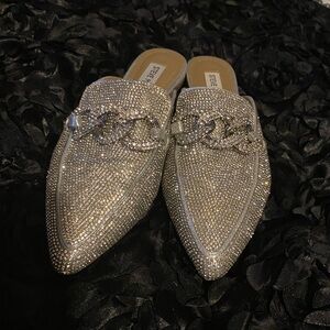 Steve Madden Silver Crystal Chain-Trim Pointed Mules